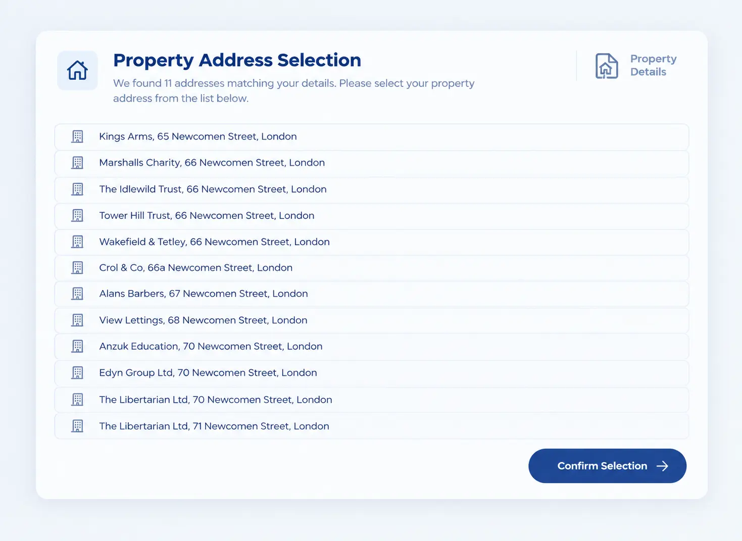 Selecting your property address